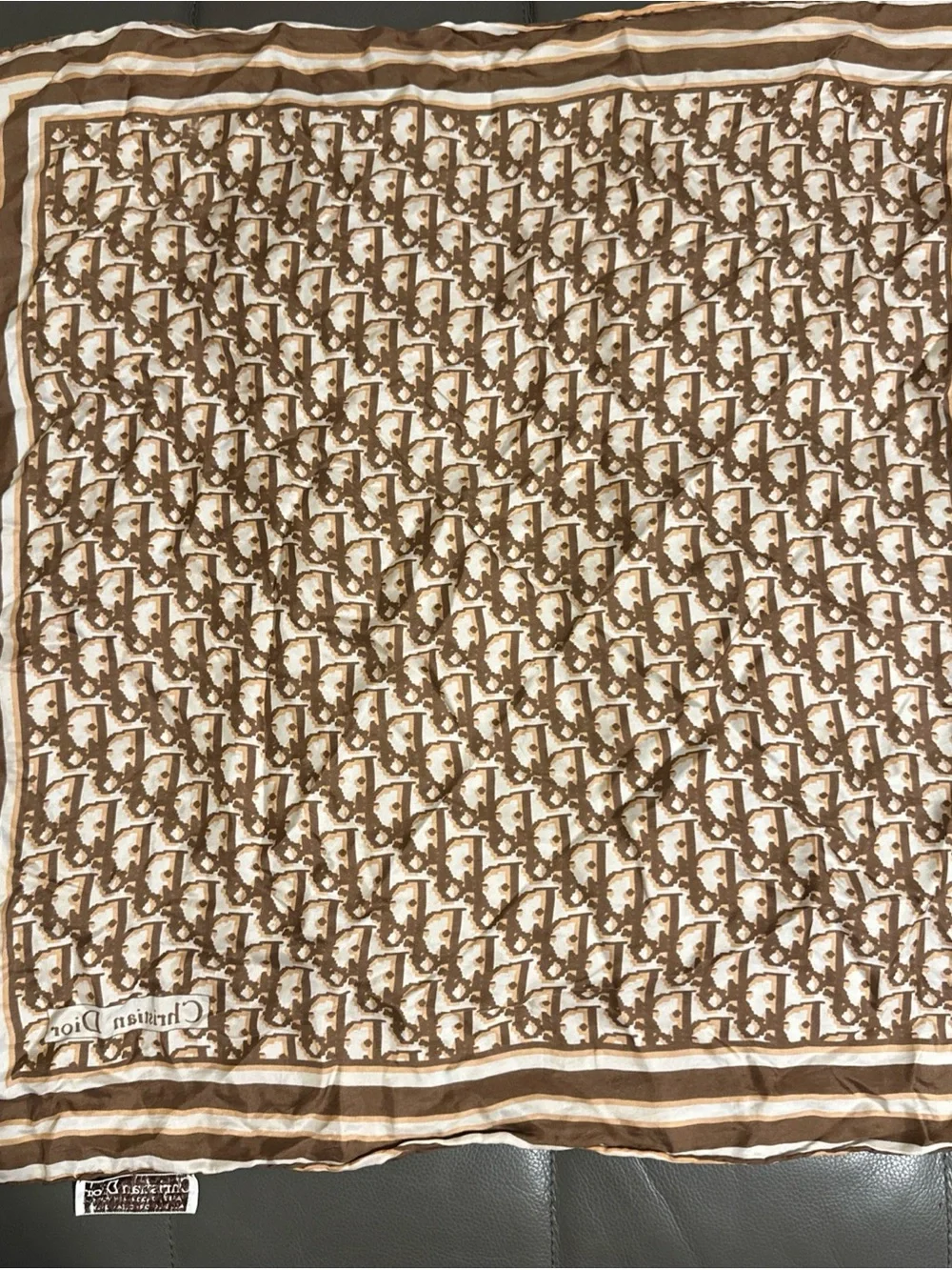Dior Vintage Cream and Brown Signature Logo silk scarf